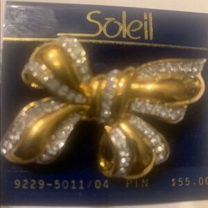 SOLEIL Vintage-Gold Tone BLING Rhinestone Bow Brooch